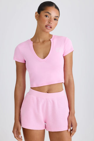 Stretch Cotton Jersey Graphic Print Cropped T-Shirt in Bubblegum Pink
