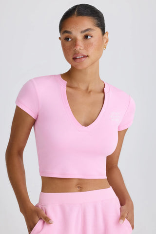Stretch Cotton Jersey Graphic Print Cropped T-Shirt in Bubblegum Pink