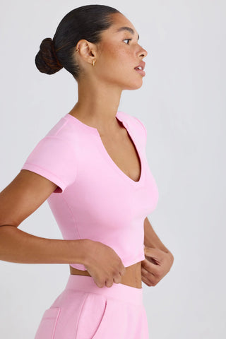 Stretch Cotton Jersey Graphic Print Cropped T-Shirt in Bubblegum Pink