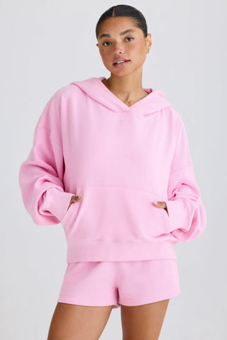 Textured Cotton Jersey Graphic Print Hoodie in Bubblegum Pink