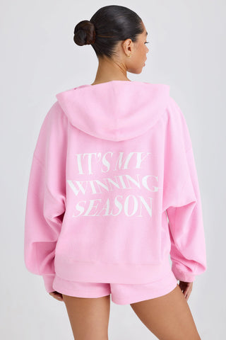 Textured Cotton Jersey Graphic Print Hoodie in Bubblegum Pink