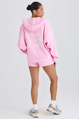Textured Cotton Jersey Graphic Print Hoodie in Bubblegum Pink