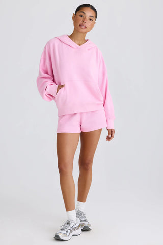 Textured Cotton Jersey Graphic Print Hoodie in Bubblegum Pink