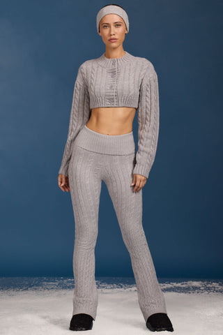 Cable Knit Foldover Flared Trousers in Grey Marl