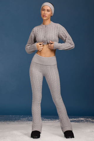 Cable Knit Foldover Flared Trousers in Grey Marl
