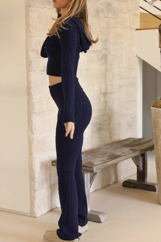 Cable Knit Foldover Flared Trousers in Navy