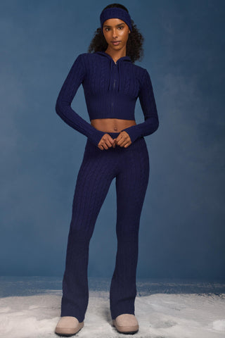 Cable Knit Foldover Flared Trousers in Navy