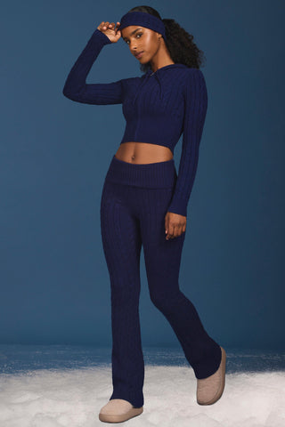 Cable Knit Foldover Flared Trousers in Navy