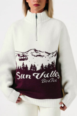 Knit Quarter-Zip Turtleneck Oversized Jumper in Burgundy