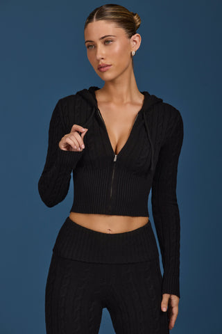 Cable Knit Zip-Up Hoodie in Black