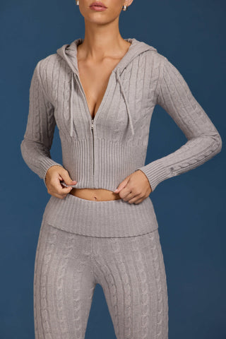 Cable Knit Zip-Up Hoodie in Grey Marl