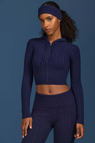 Cable Knit Zip-Up Hoodie in Navy