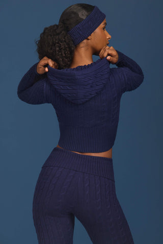 Cable Knit Zip-Up Hoodie in Navy