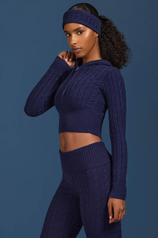 Cable Knit Zip-Up Hoodie in Navy