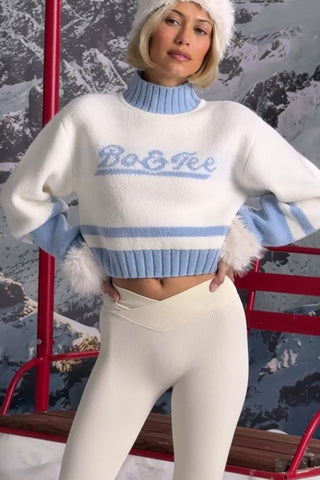 Cropped Chunky-Knit Turtleneck Jumper in Ice Blue