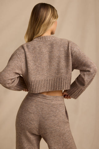 Ribbed Knit Cropped Jumper in Brown Marl