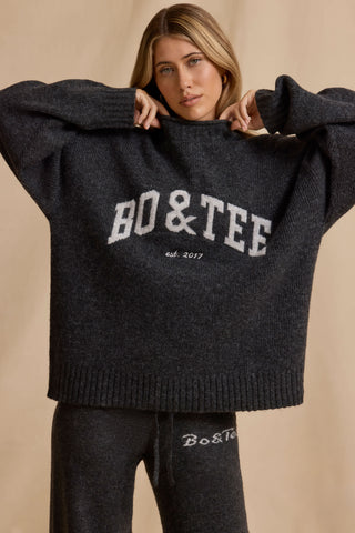 Ribbed Knit Oversized Jumper in Charcoal Marl