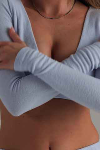 Brushed Jersey Wrap Crop Top in Soft Blue