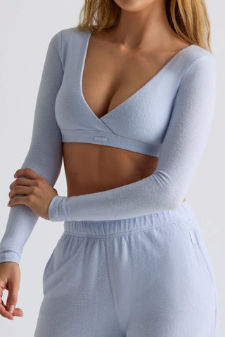 Brushed Jersey Wrap Crop Top in Soft Blue