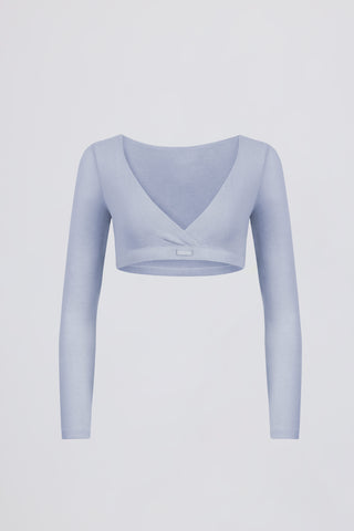 Brushed Jersey Wrap Crop Top in Soft Blue
