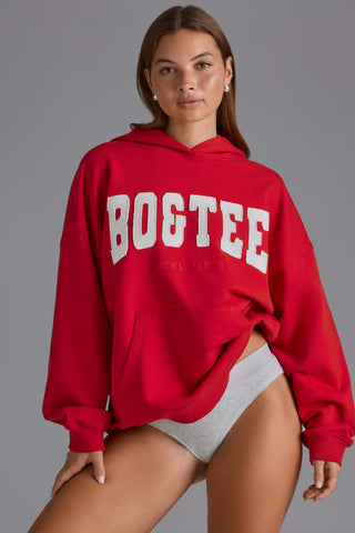 Cotton Fleece Appliqué Oversized Hoodie in Cherry Red