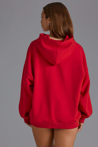 Cotton Fleece Appliqué Oversized Hoodie in Cherry Red