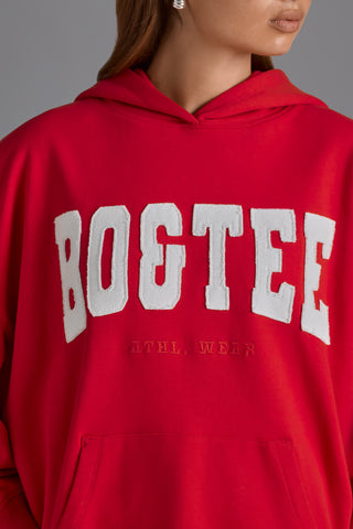 Cotton Fleece Appliqué Oversized Hoodie in Cherry Red