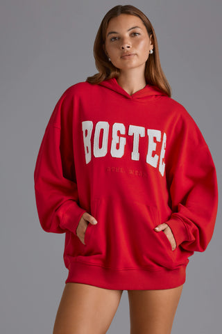 Cotton Fleece Appliqué Oversized Hoodie in Cherry Red