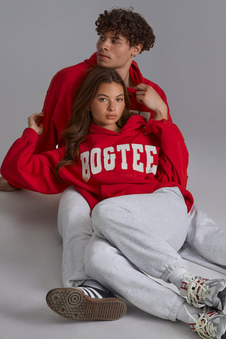 Cotton Fleece Appliqué Oversized Hoodie in Cherry Red