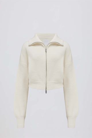 Ribbed Knit Zip-Up Cropped Sweatshirt in Ivory