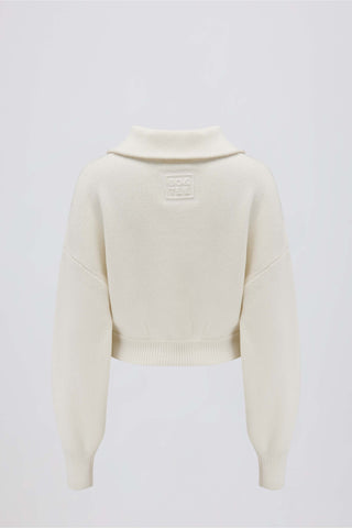 Ribbed Knit Zip-Up Cropped Sweatshirt in Ivory