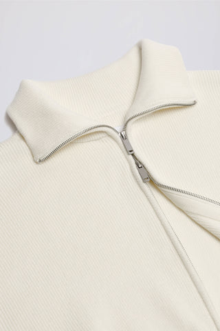 Ribbed Knit Zip-Up Cropped Sweatshirt in Ivory