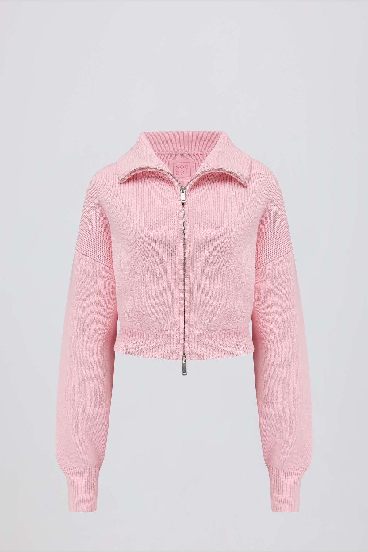 Ribbed Knit Zip-Up Cropped Sweatshirt in Pale Pink