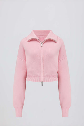 Ribbed Knit Zip-Up Cropped Sweatshirt in Pale Pink