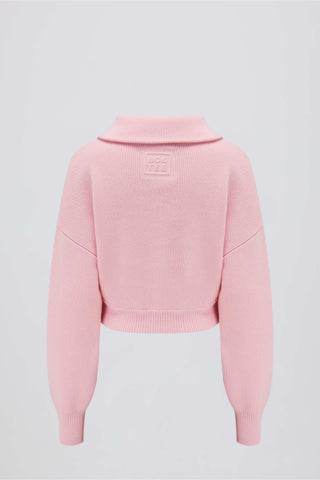 Ribbed Knit Zip-Up Cropped Sweatshirt in Pale Pink