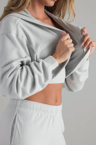 Brushed Jersey Hooded Cropped Shrug in Fog Grey