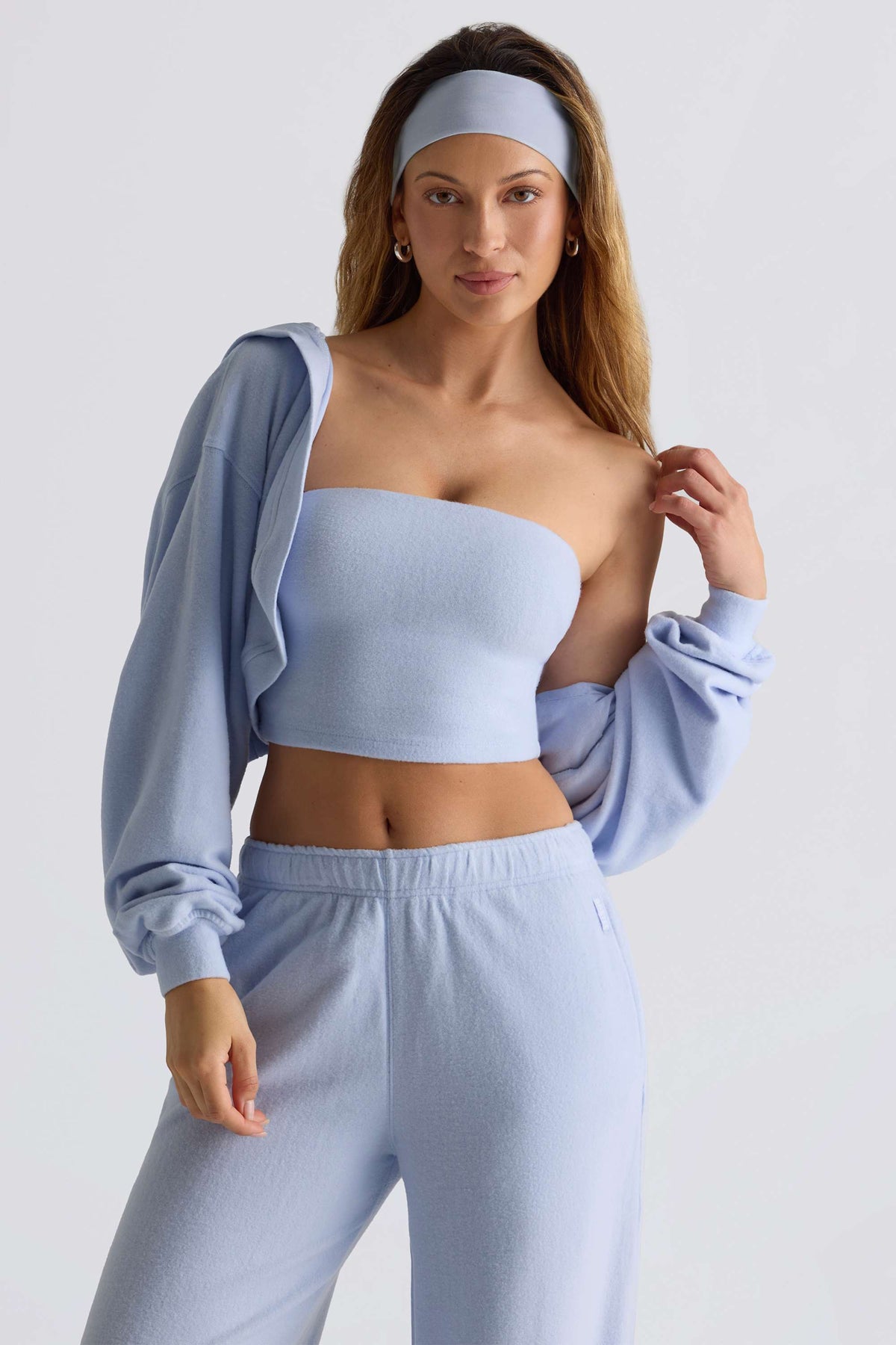 Brushed Jersey Hooded Cropped Shrug in Soft Blue