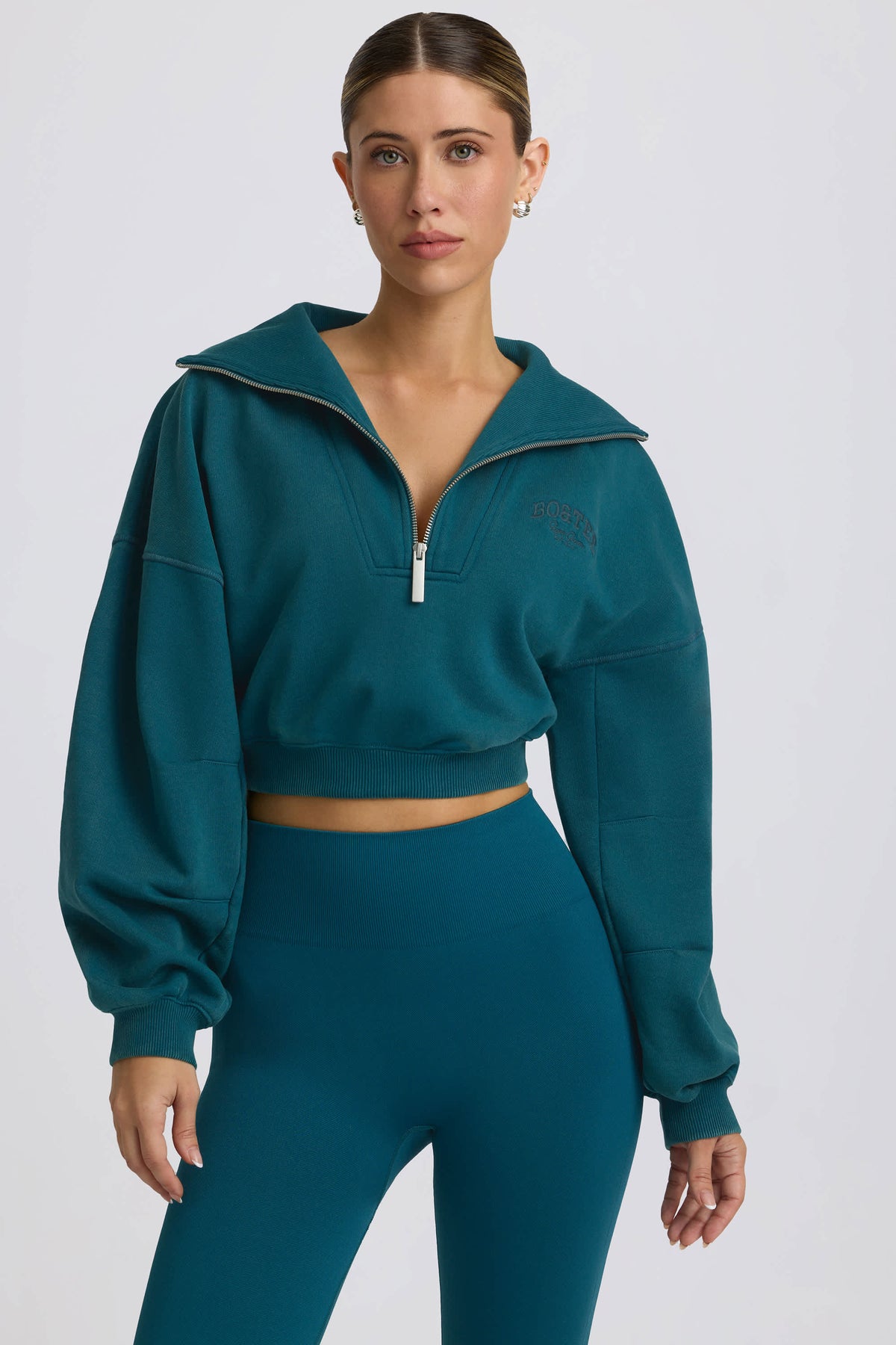 Quarter-Zip Cropped Sweatshirt in Teal