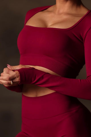 Super Sculpt Seamless Long-Sleeve Crop Top in Burgundy