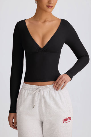 Ribbed Modal Ruched V-Neck Top in Black