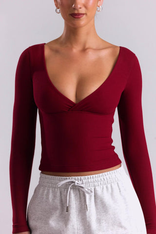 Ribbed Modal Ruched V-Neck Top in Burgundy