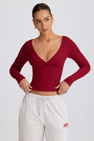 Ribbed Modal Ruched V-Neck Top in Burgundy
