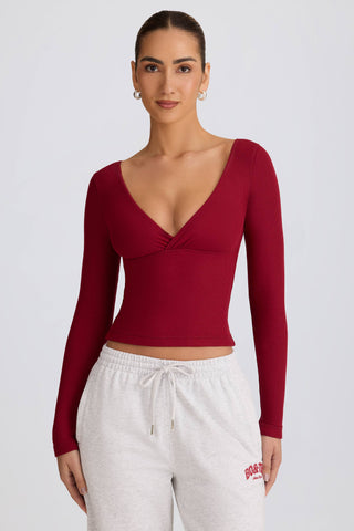 Ribbed Modal Ruched V-Neck Top in Burgundy