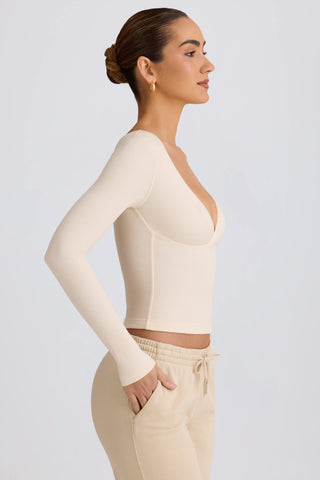 Ribbed Modal Ruched V-Neck Top in Ecru