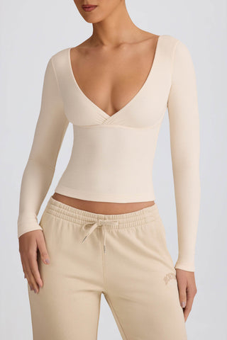 Ribbed Modal Ruched V-Neck Top in Ecru