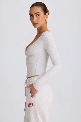 Ribbed Modal Ruched V-Neck Top in Grey Marl