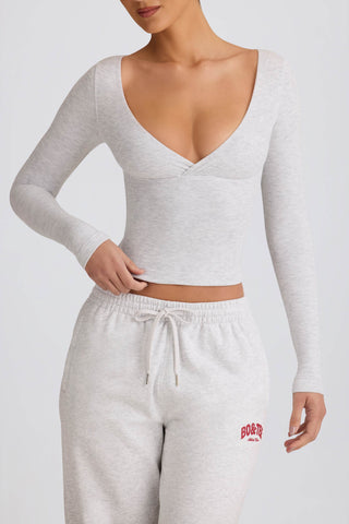 Ribbed Modal Ruched V-Neck Top in Grey Marl