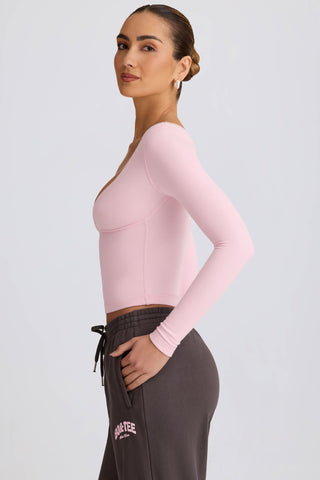 Ribbed Modal Ruched V-Neck Top in Soft Pink