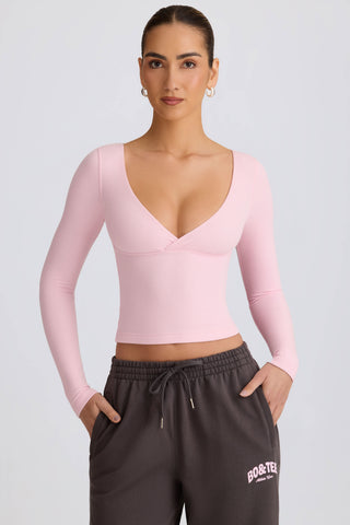 Ribbed Modal Ruched V-Neck Top in Soft Pink
