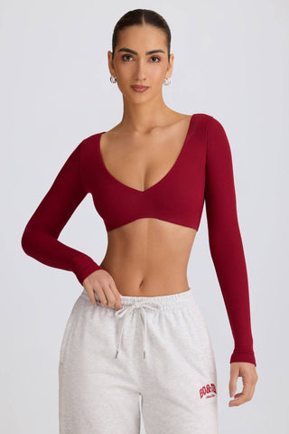 Ribbed Modal Long-Sleeve Crop Top in Burgundy